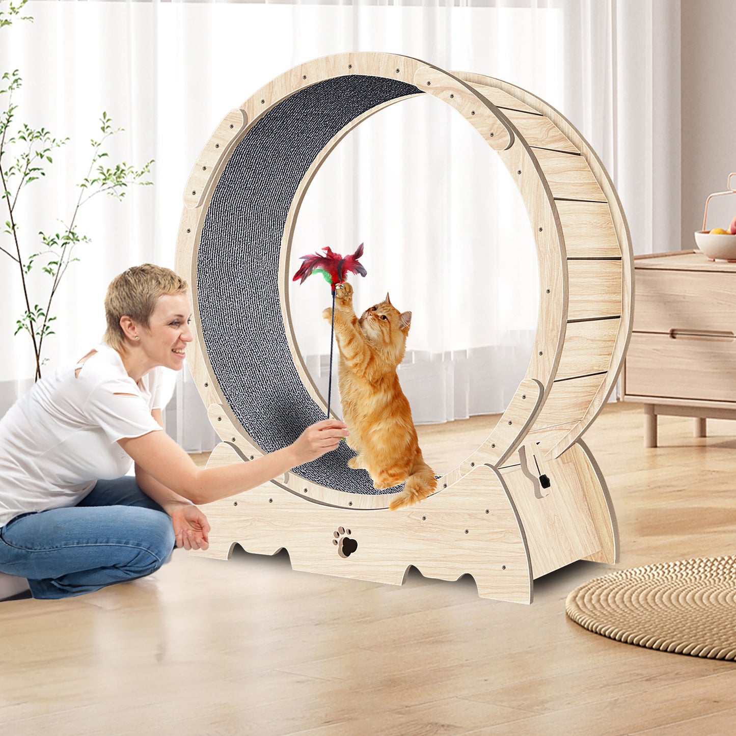 36.6 inch Wooden Large Cat Exercise Wheel Cat Treadmill Cat Running Climbing Wheel Silent Movement Cat Toy Roller Lockable