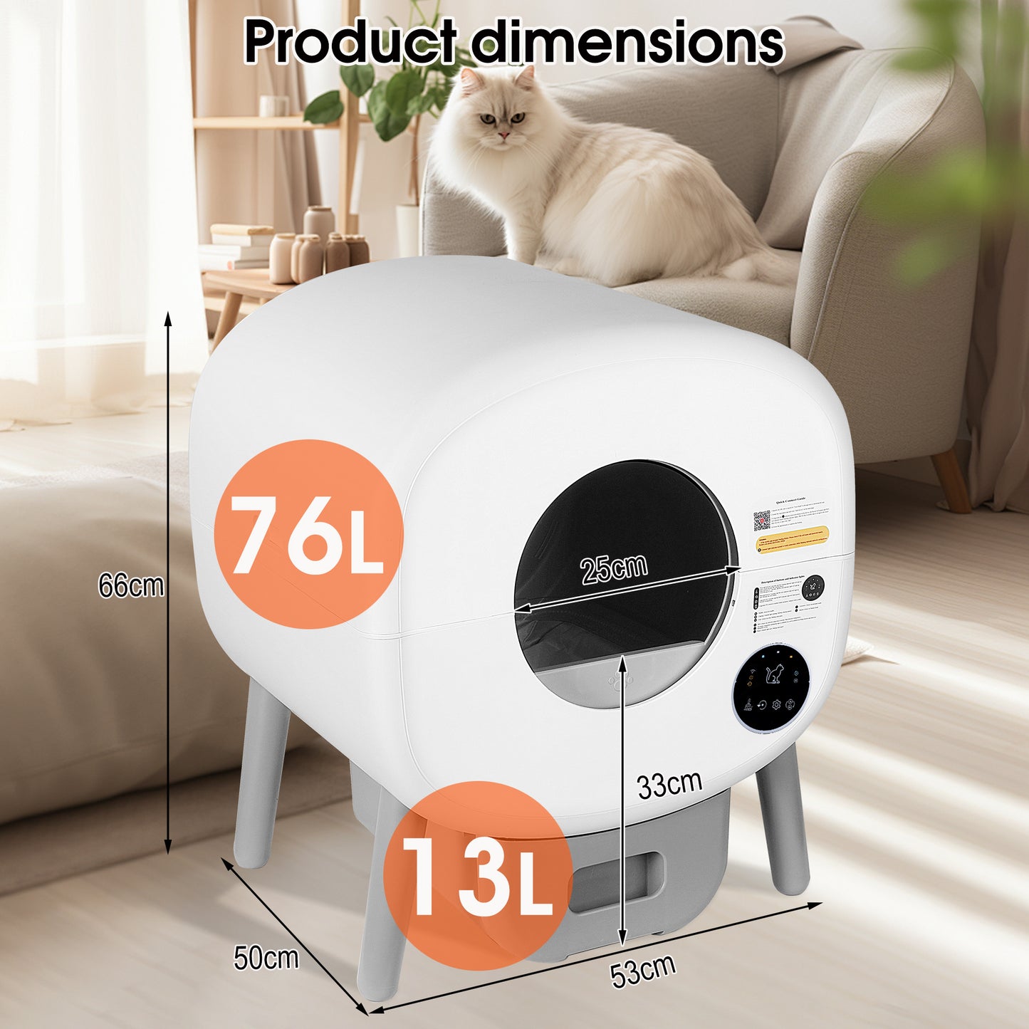 Smart Self Cleaning Cat Litter Box Cat Litter Cleaning for Multi Cats App Wifi Extra Large Space 76L+13L with Light