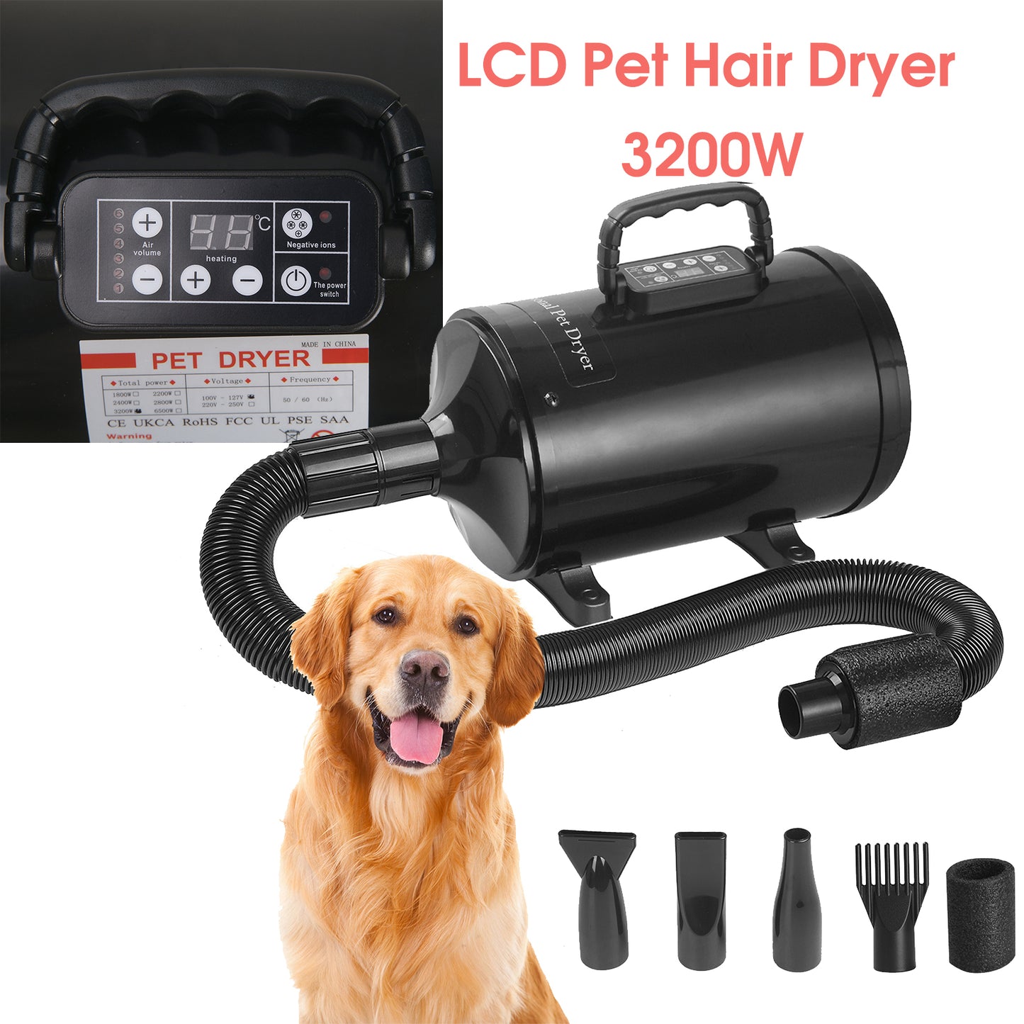 High Velocity 3200W LCD Pet Hair Dryer Dog Grooming Hairdryer Blower Heater Blaster with Anion