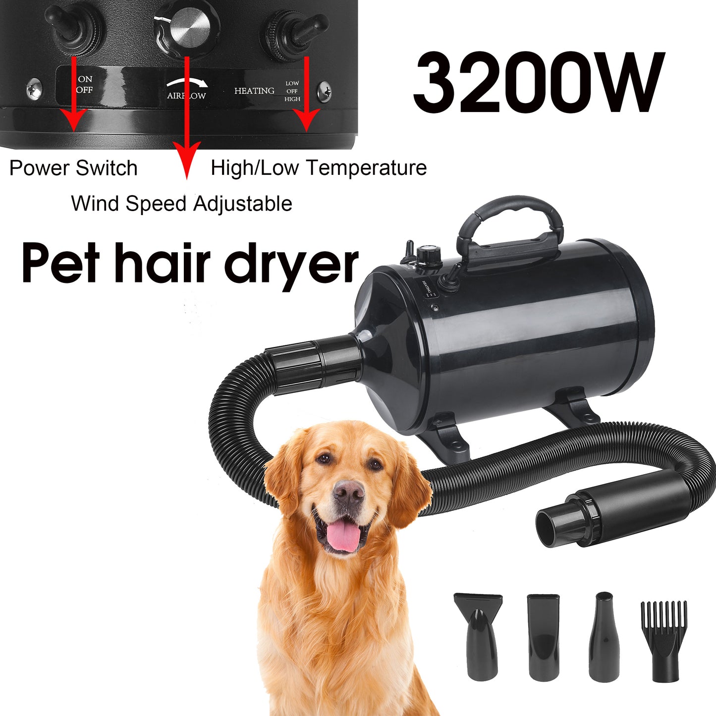 Pet Hair Dryer Dog Grooming Blow Speed Adjustable Hairdryer Blower Heater Blaster 3200W