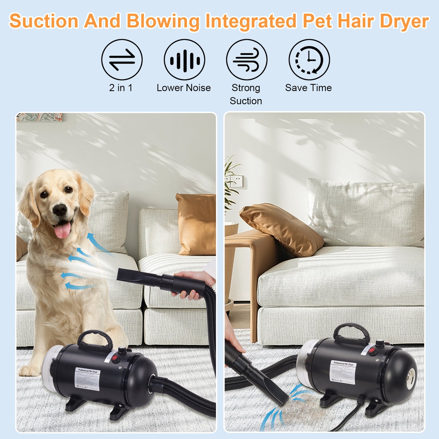 2 in 1 Pet Grooming Dryer Blow Blaster Blower Cat Dog Hair Dryer Pet Hair Vacuum Cleaner 2800W