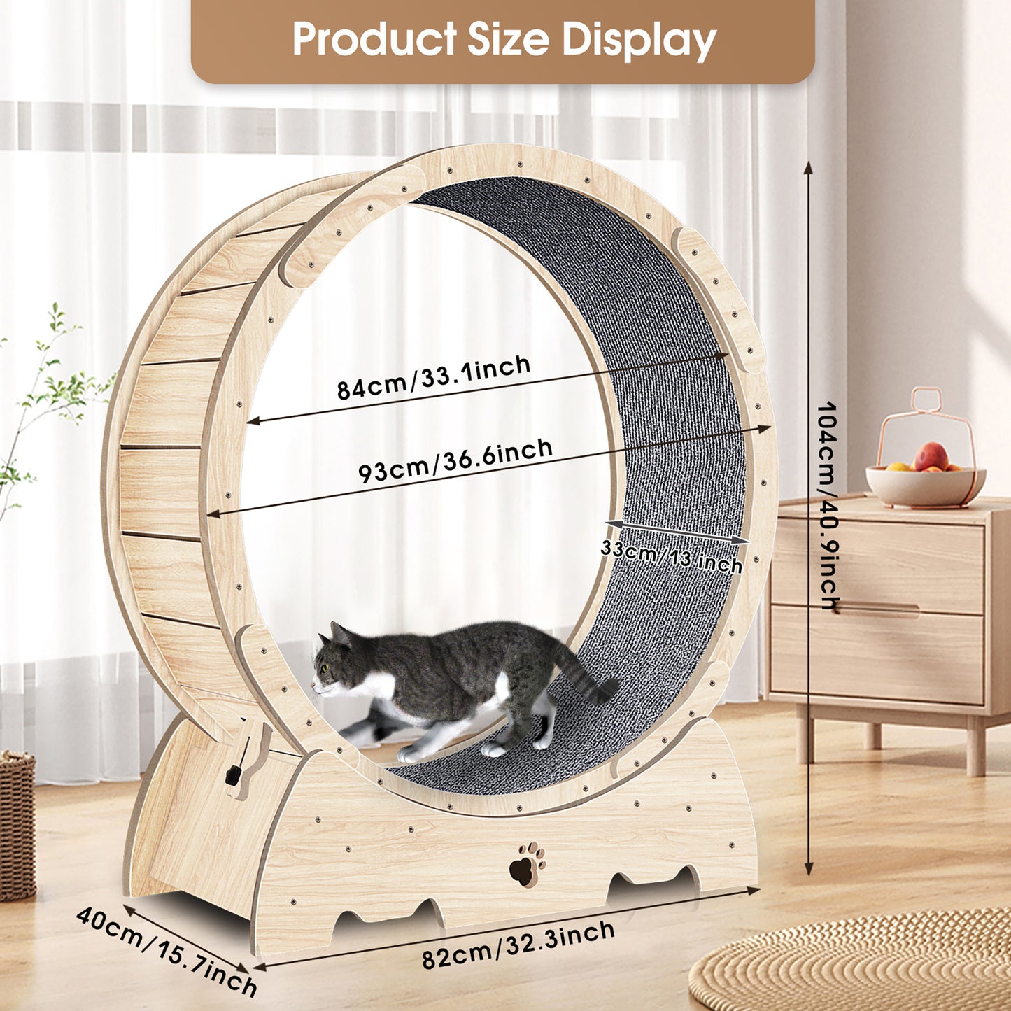 36.6 inch Wooden Large Cat Exercise Wheel Cat Treadmill Cat Running Climbing Wheel Silent Movement Cat Toy Roller Lockable