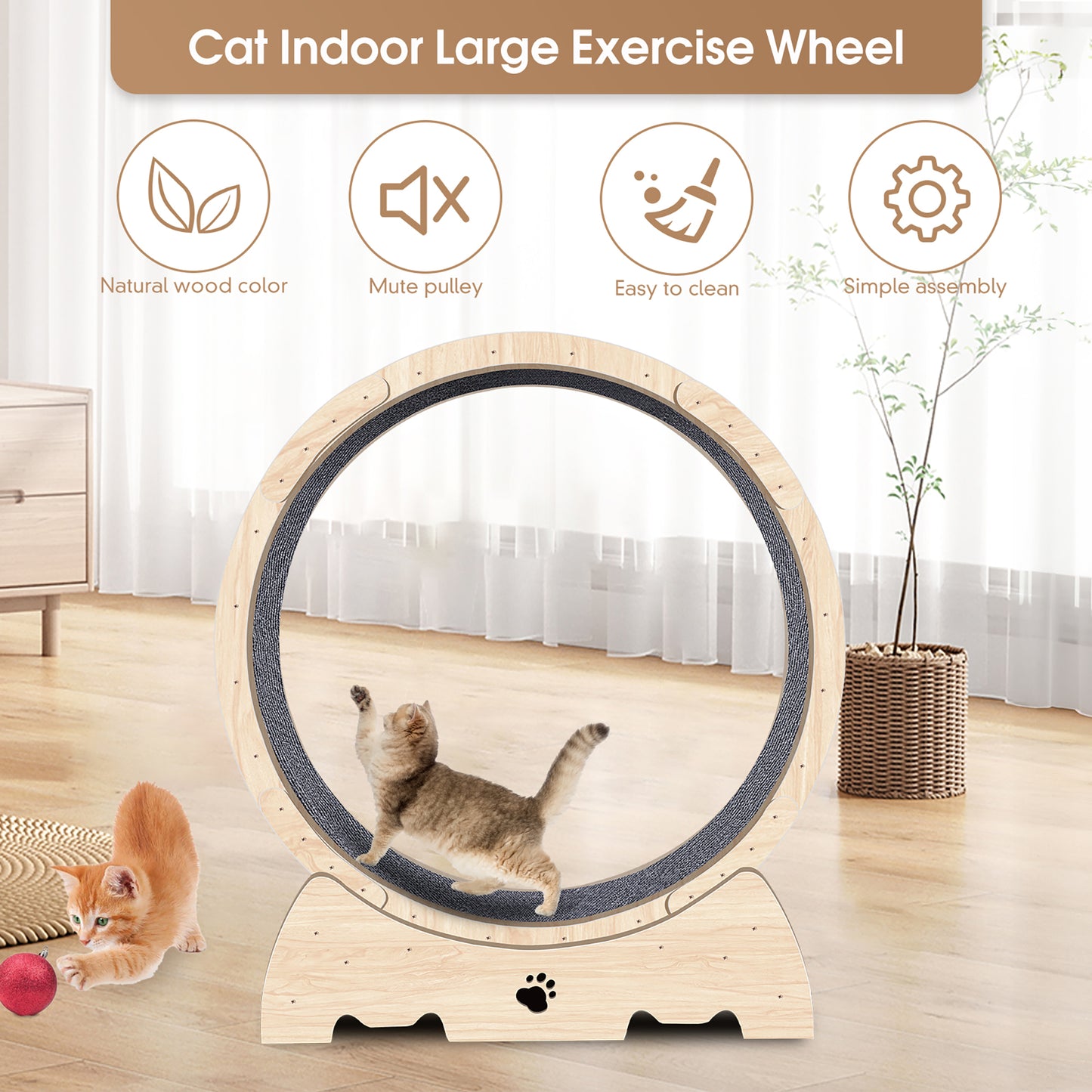 36.6 inch Wooden Large Cat Exercise Wheel Cat Treadmill Cat Running Climbing Wheel Silent Movement Cat Toy Roller Lockable