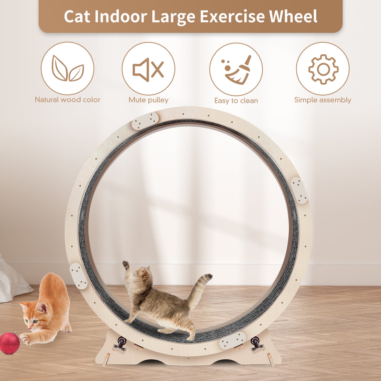 41.3 inch Wooden Large Cat Exercise Wheel Cat Treadmill Running Wheel Silent Cat Toy Roller Lockable No Gap Design