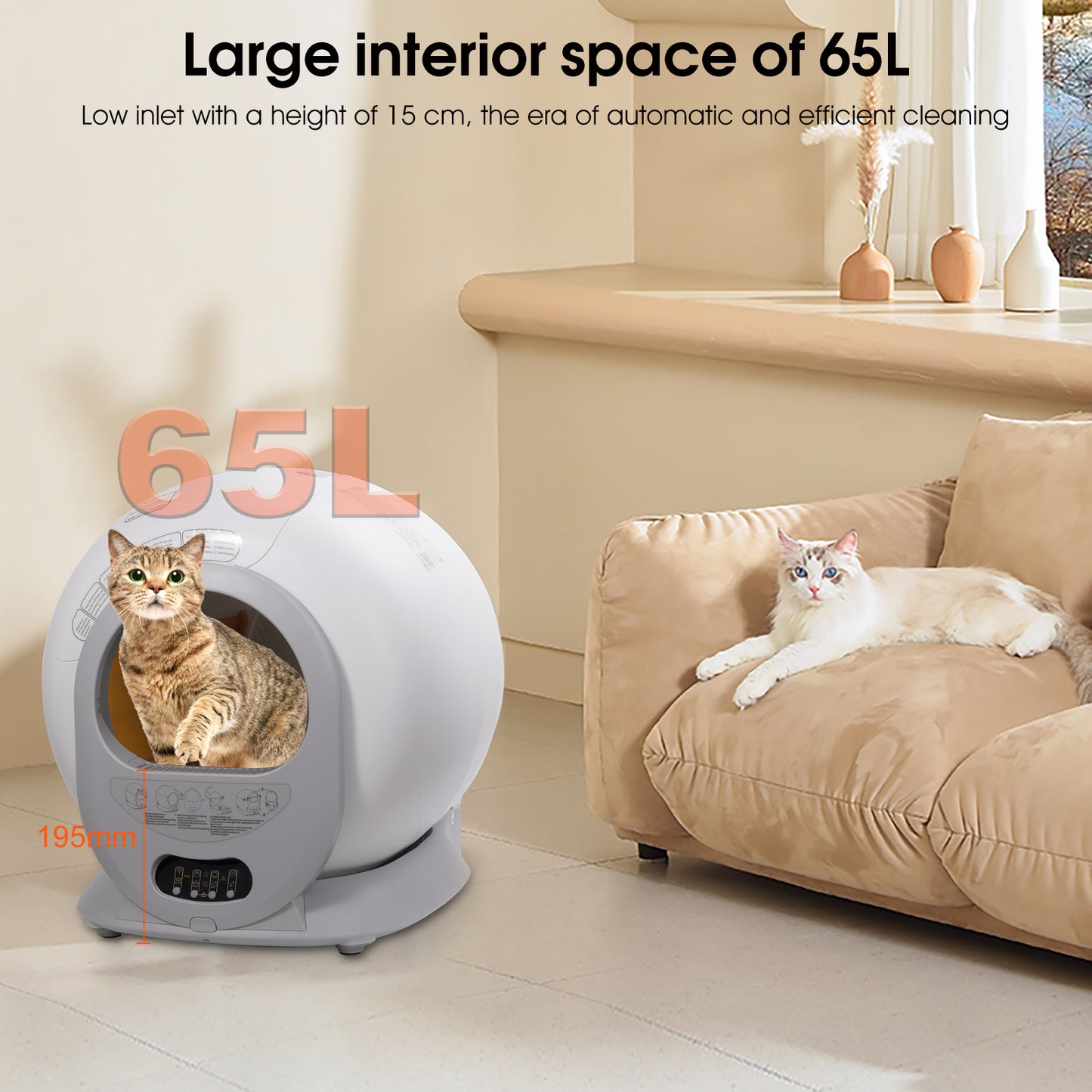 Automatic Self Cleaning Cat Litter Box Large 65L+9L Space Easy Button Control Wifi App for Multi Cats