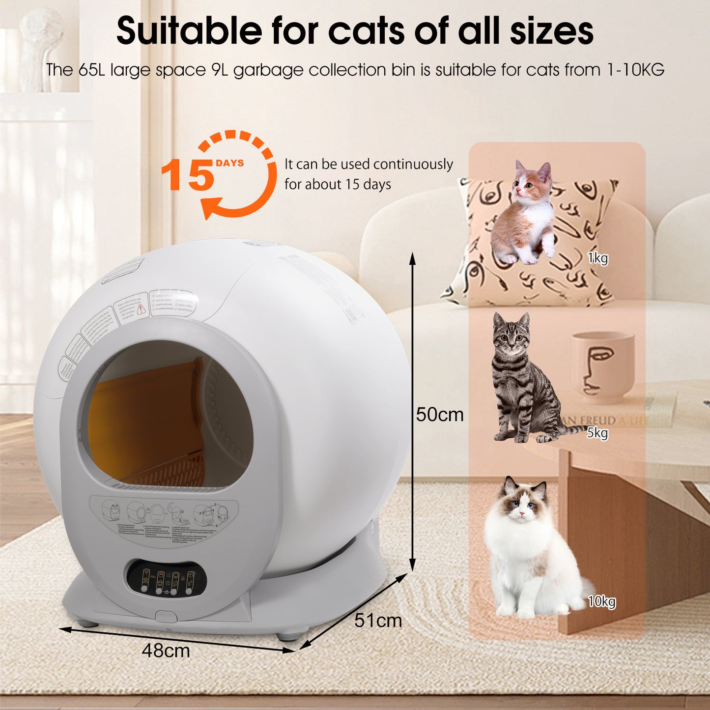 Automatic Self Cleaning Cat Litter Box Large 65L+9L Space Easy Button Control Wifi App for Multi Cats