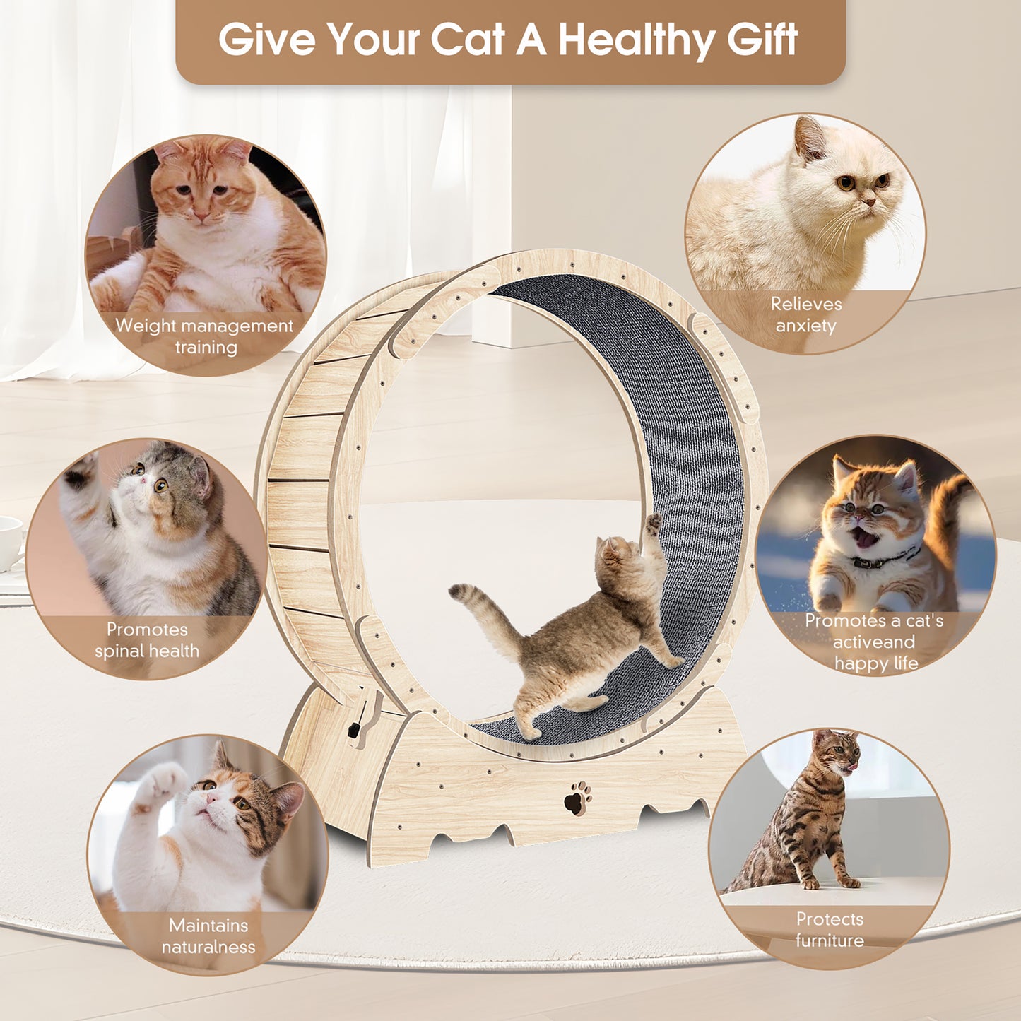 36.6 inch Wooden Large Cat Exercise Wheel Cat Treadmill Cat Running Climbing Wheel Silent Movement Cat Toy Roller Lockable